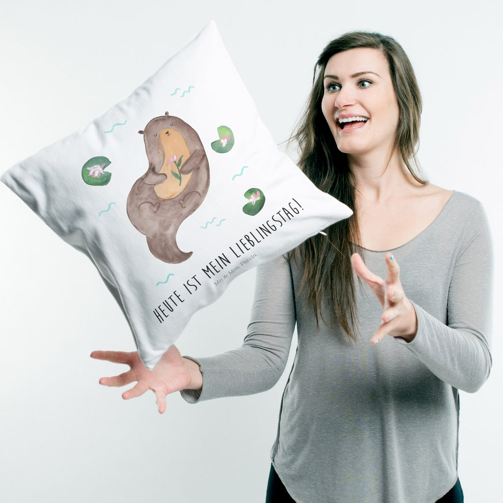 40x40 Kissen Otter mit Seerose Kissenhülle, Kopfkissen, Sofakissen, Dekokissen, Motivkissen, Otter, Fischotter, Seeotter, Otter Seeotter See Otter