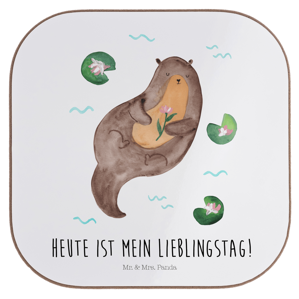 Quadratische Untersetzer Otter mit Seerose Bierdeckel, Glasuntersetzer, Untersetzer Gläser, Getränkeuntersetzer, Otter, Fischotter, Seeotter, Otter Seeotter See Otter