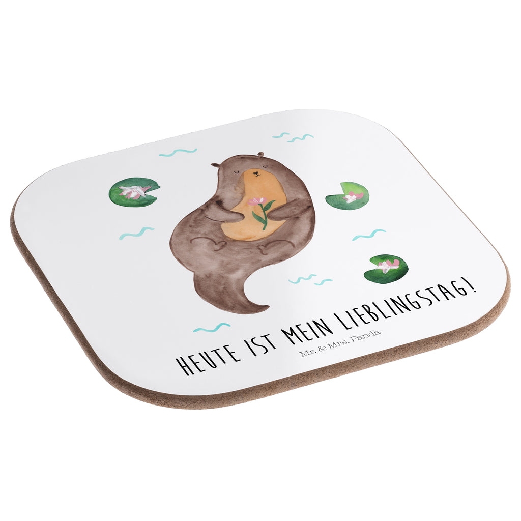 Quadratische Untersetzer Otter mit Seerose Bierdeckel, Glasuntersetzer, Untersetzer Gläser, Getränkeuntersetzer, Otter, Fischotter, Seeotter, Otter Seeotter See Otter