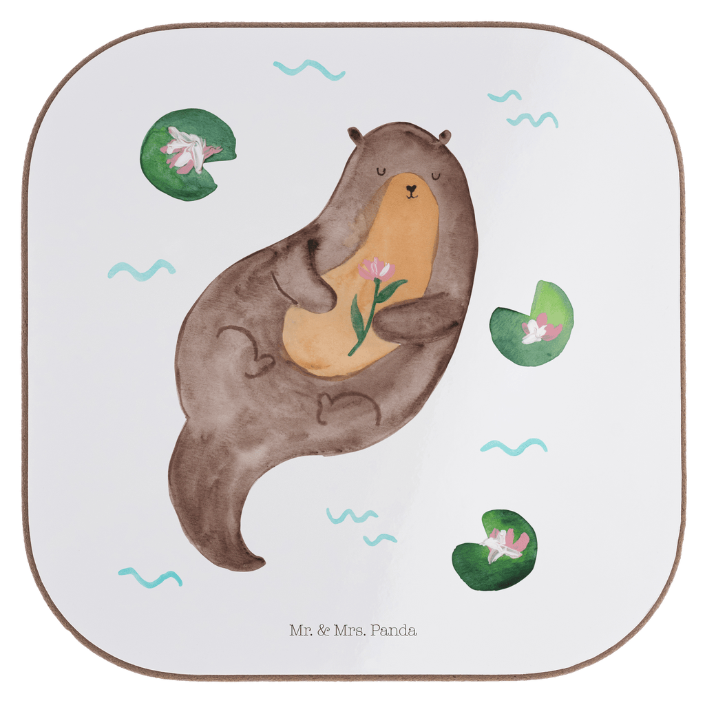 Quadratische Untersetzer Otter mit Seerose Bierdeckel, Glasuntersetzer, Untersetzer Gläser, Getränkeuntersetzer, Otter, Fischotter, Seeotter, Otter Seeotter See Otter