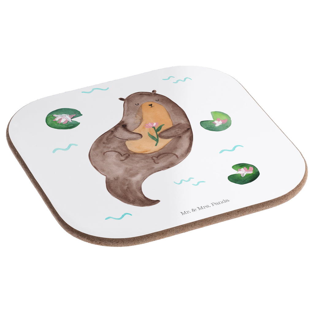 Quadratische Untersetzer Otter mit Seerose Bierdeckel, Glasuntersetzer, Untersetzer Gläser, Getränkeuntersetzer, Otter, Fischotter, Seeotter, Otter Seeotter See Otter
