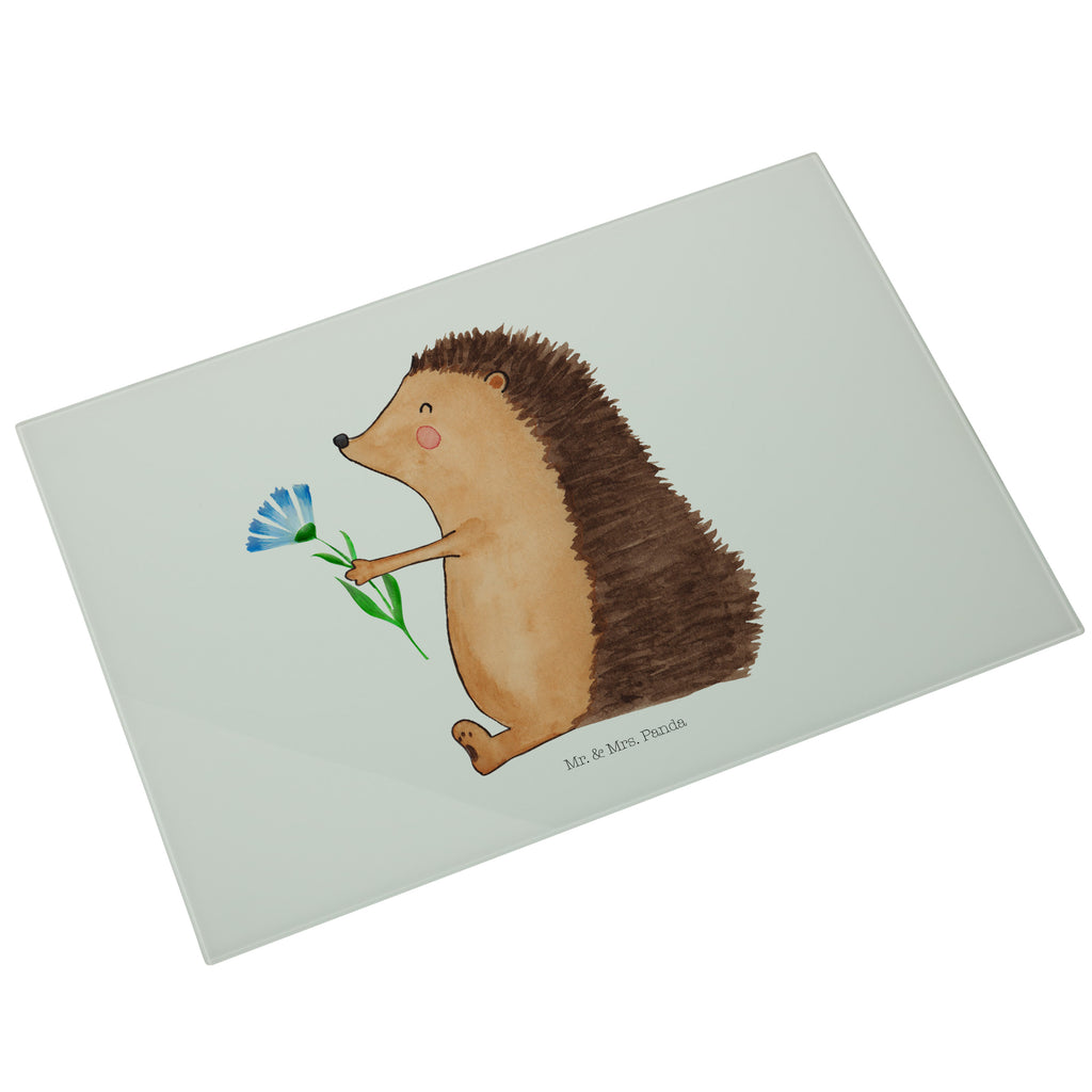 XL Glas Schneidbrett Igel mit Blume Glasschneidebrett, Schneidebrett, Frühstücksbrett, Küche, Tiermotive, Gute Laune, lustige Sprüche, Tiere, Igel, Gute Besserung, Genesungswünsche, Krankheit, Krankenhaus, krank, Besuch