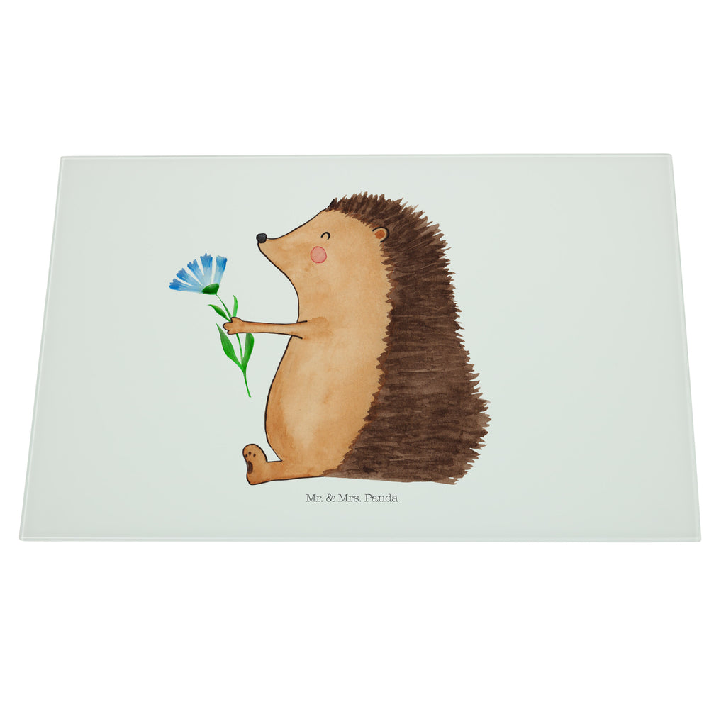 XL Glas Schneidbrett Igel mit Blume Glasschneidebrett, Schneidebrett, Frühstücksbrett, Küche, Tiermotive, Gute Laune, lustige Sprüche, Tiere, Igel, Gute Besserung, Genesungswünsche, Krankheit, Krankenhaus, krank, Besuch