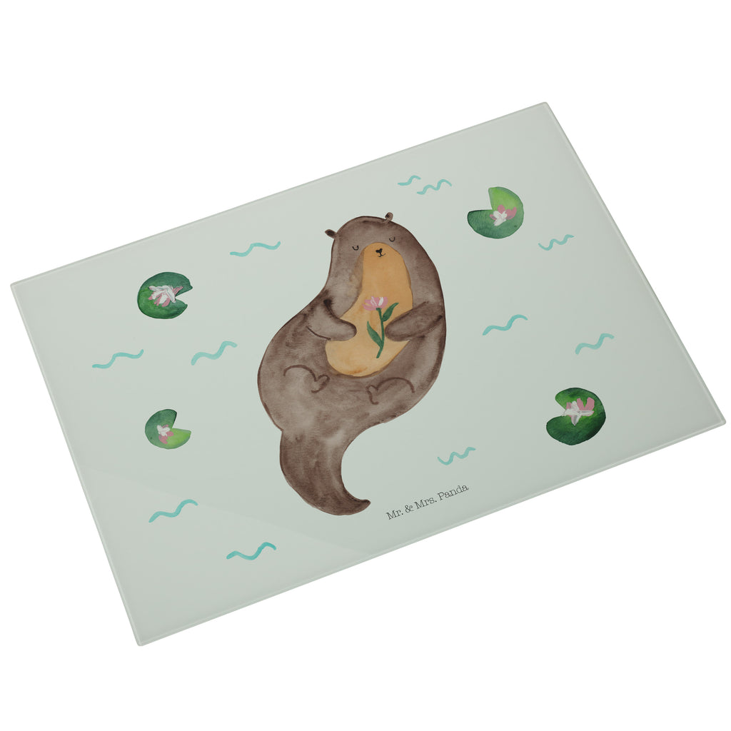 XL Glas Schneidbrett Otter mit Seerose Glasschneidebrett, Schneidebrett, Frühstücksbrett, Küche, Otter, Fischotter, Seeotter, Otter Seeotter See Otter