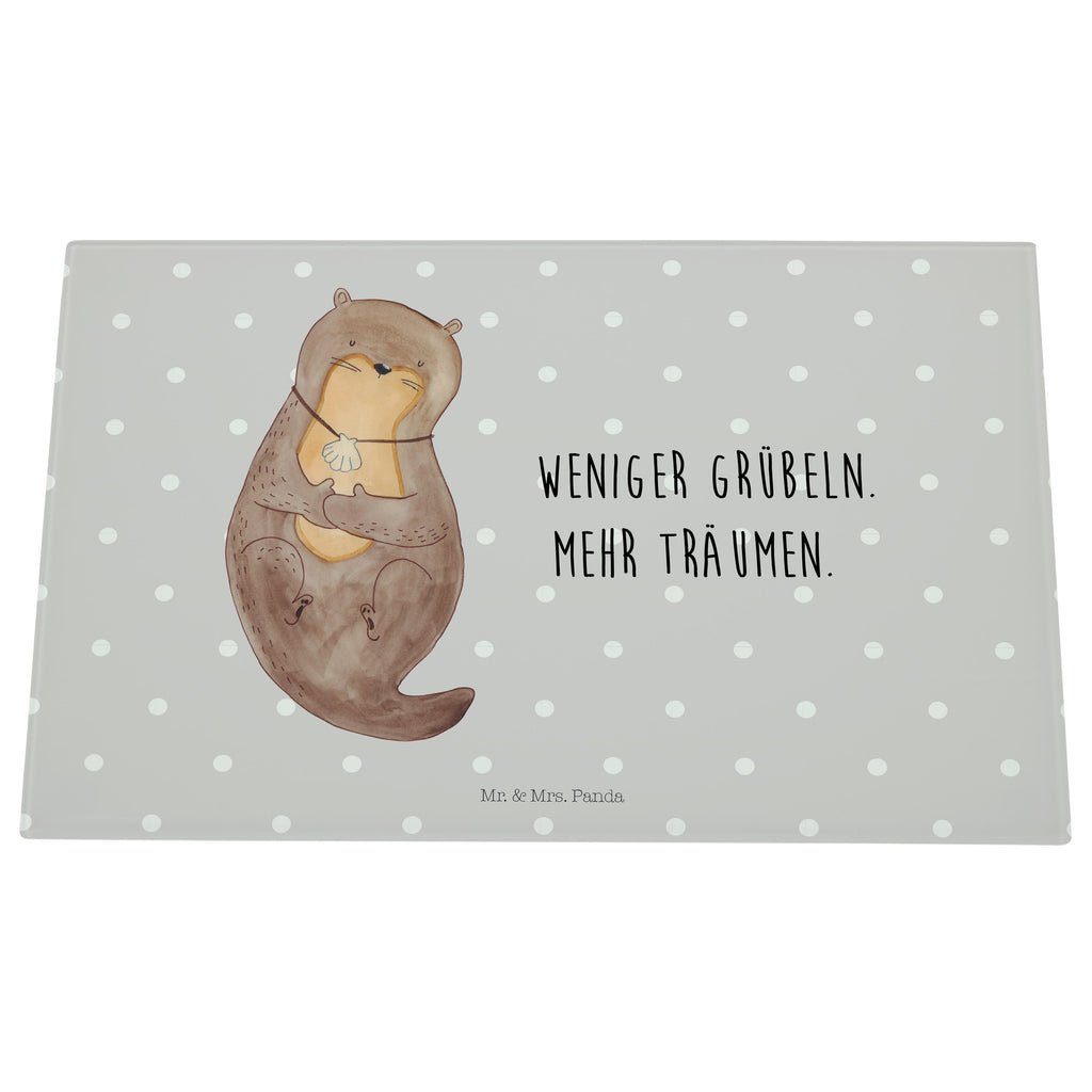 Medium Glas Schneidbrett Otter mit Muschelmedaillon Glasschneidebrett, Schneidebrett, Otter, Fischotter, Seeotter, Otterliebe, grübeln, träumen, Motivation, Tagträumen, Büro