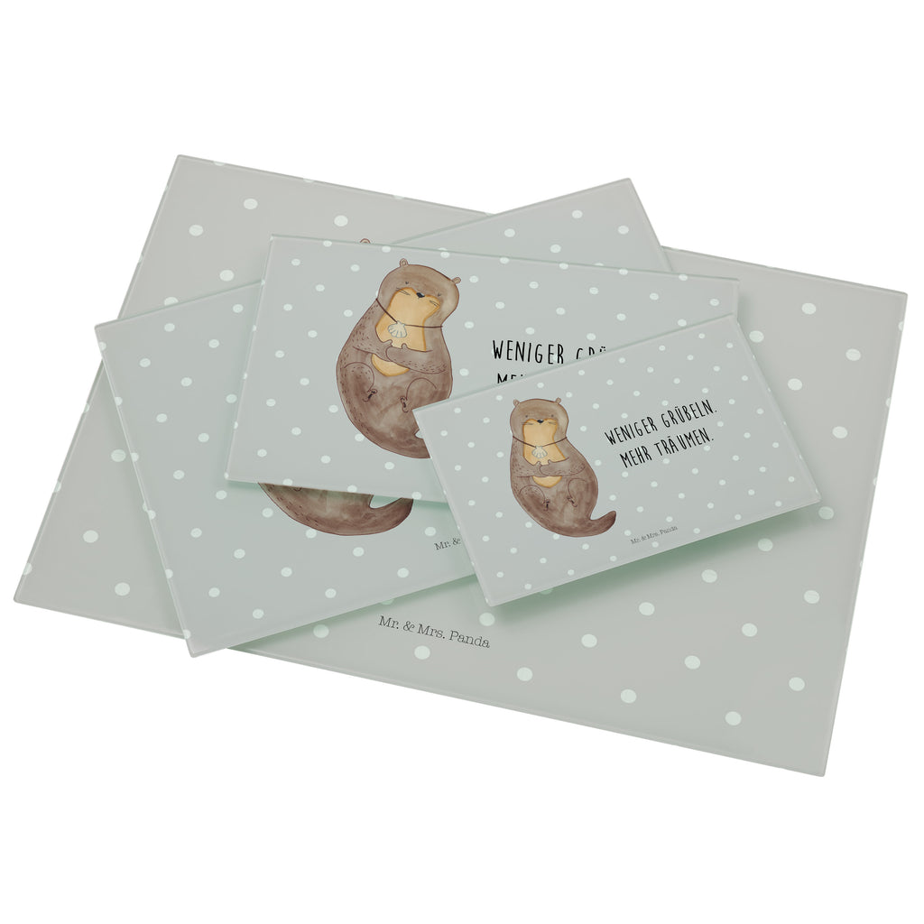 Medium Glas Schneidbrett Otter mit Muschelmedaillon Glasschneidebrett, Schneidebrett, Otter, Fischotter, Seeotter, Otterliebe, grübeln, träumen, Motivation, Tagträumen, Büro