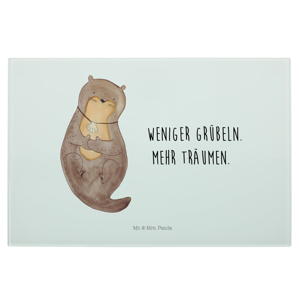 Medium Glas Schneidbrett Otter mit Muschelmedaillon Glasschneidebrett, Schneidebrett, Otter, Fischotter, Seeotter, Otterliebe, grübeln, träumen, Motivation, Tagträumen, Büro
