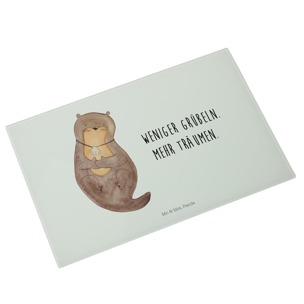 Medium Glas Schneidbrett Otter mit Muschelmedaillon Glasschneidebrett, Schneidebrett, Otter, Fischotter, Seeotter, Otterliebe, grübeln, träumen, Motivation, Tagträumen, Büro