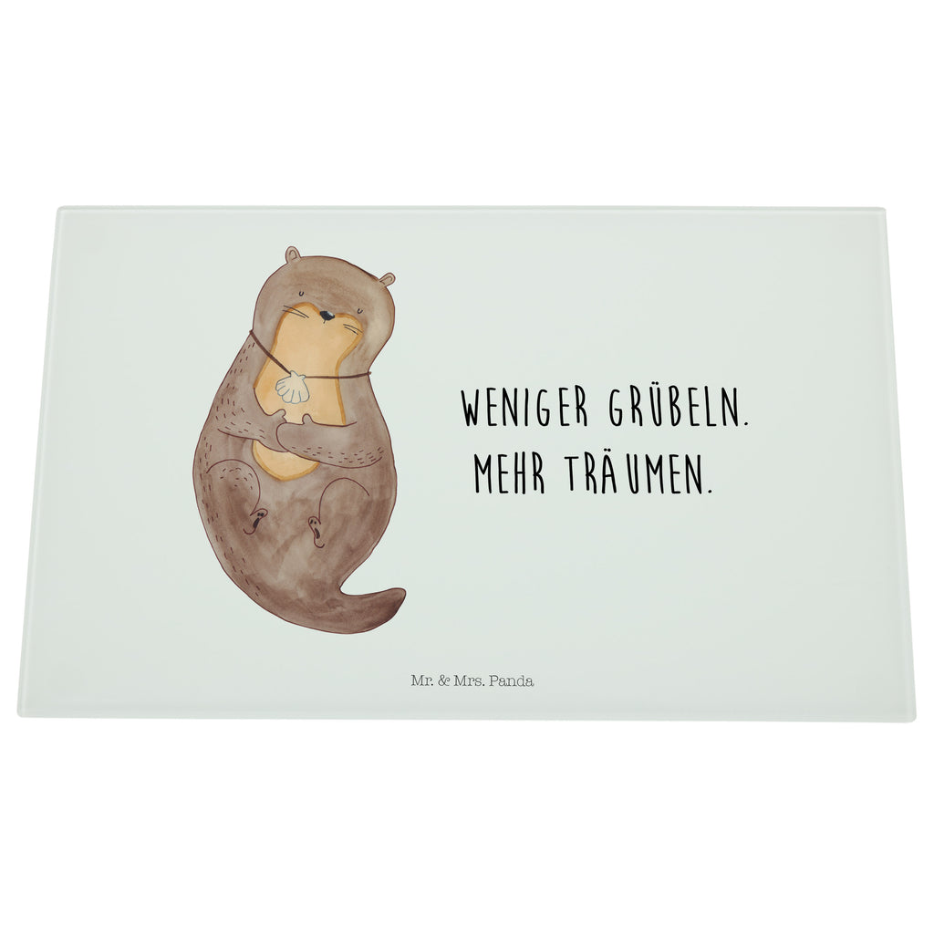 Medium Glas Schneidbrett Otter mit Muschelmedaillon Glasschneidebrett, Schneidebrett, Otter, Fischotter, Seeotter, Otterliebe, grübeln, träumen, Motivation, Tagträumen, Büro