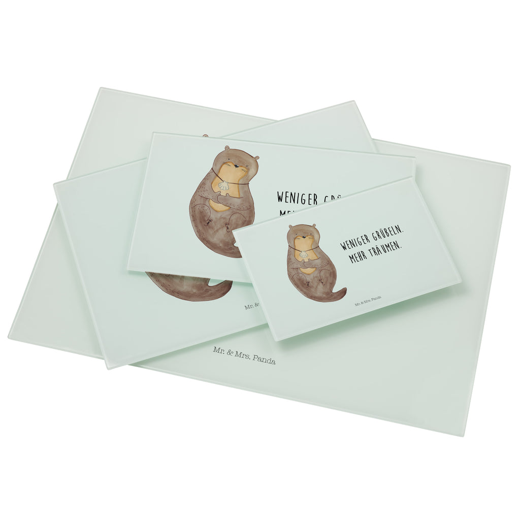 Medium Glas Schneidbrett Otter mit Muschelmedaillon Glasschneidebrett, Schneidebrett, Otter, Fischotter, Seeotter, Otterliebe, grübeln, träumen, Motivation, Tagträumen, Büro