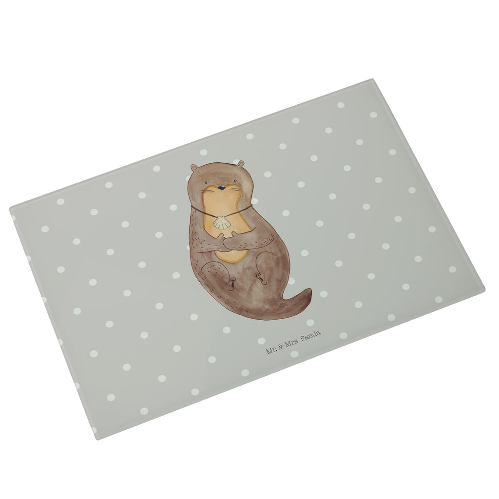 Medium Glas Schneidbrett Otter mit Muschelmedaillon Glasschneidebrett, Schneidebrett, Otter, Fischotter, Seeotter, Otterliebe, grübeln, träumen, Motivation, Tagträumen, Büro