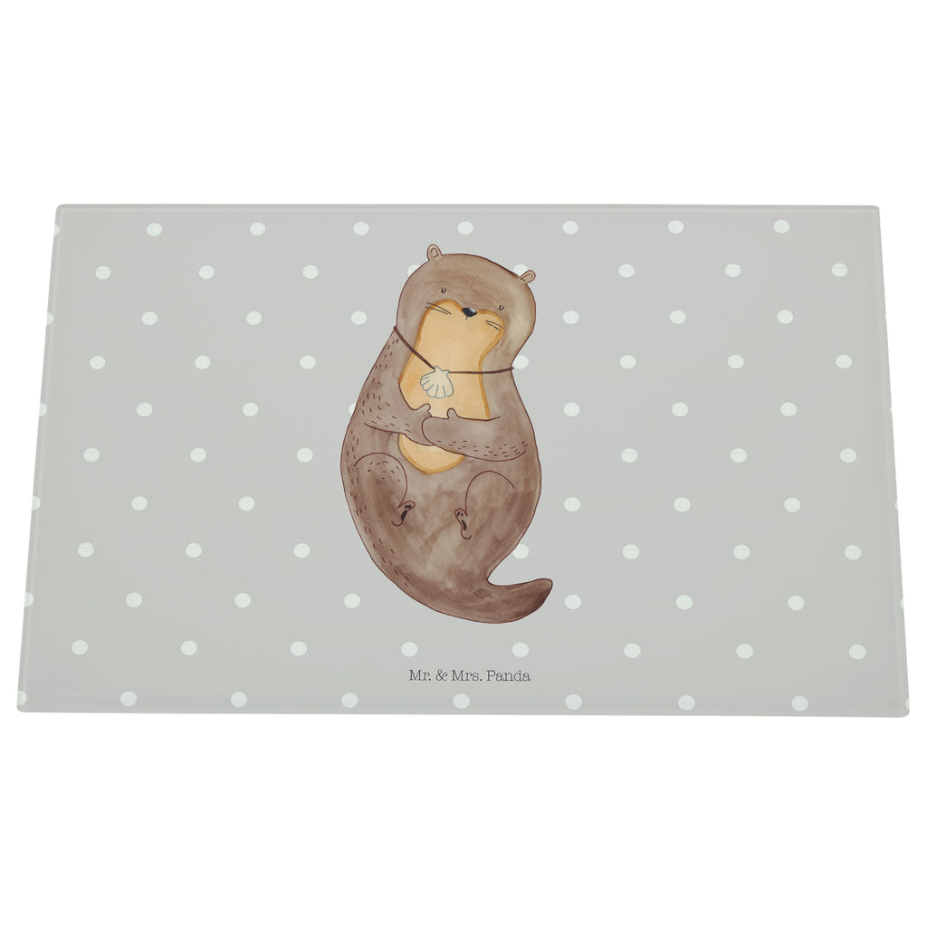 Medium Glas Schneidbrett Otter mit Muschelmedaillon Glasschneidebrett, Schneidebrett, Otter, Fischotter, Seeotter, Otterliebe, grübeln, träumen, Motivation, Tagträumen, Büro