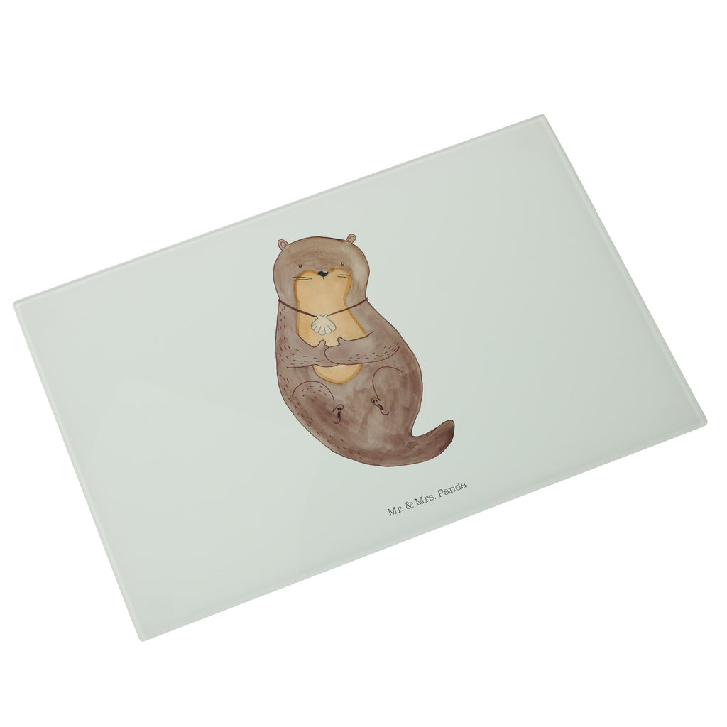 Medium Glas Schneidbrett Otter mit Muschelmedaillon Glasschneidebrett, Schneidebrett, Otter, Fischotter, Seeotter, Otterliebe, grübeln, träumen, Motivation, Tagträumen, Büro