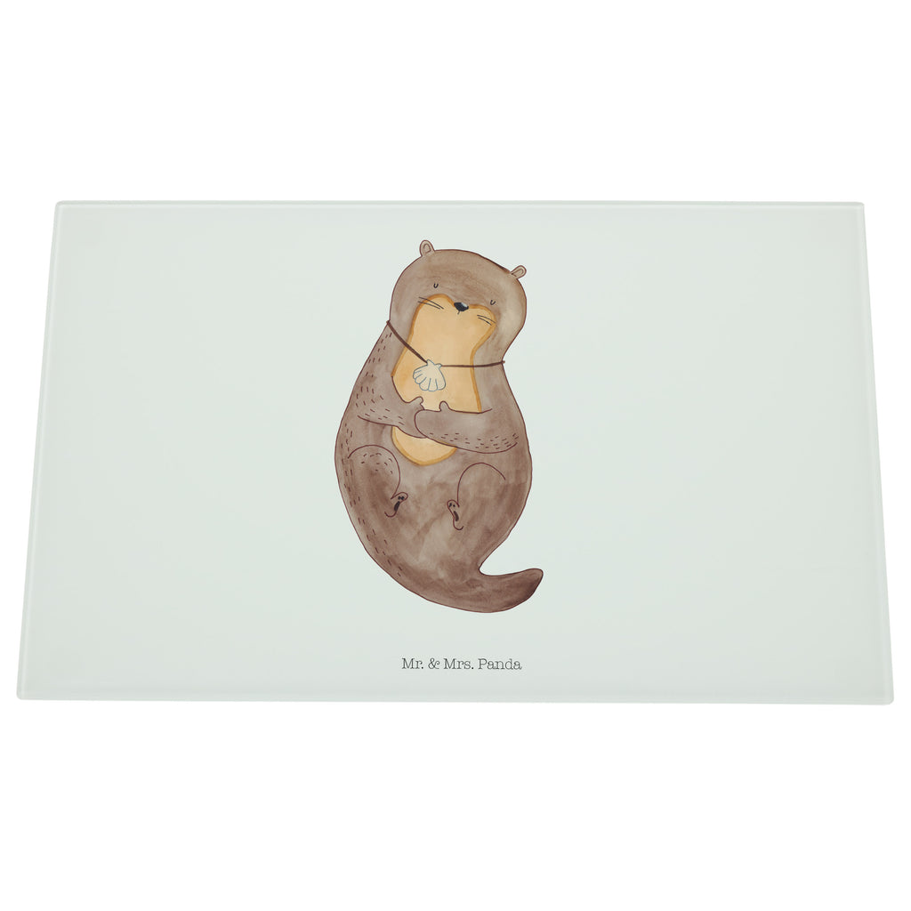 Medium Glas Schneidbrett Otter mit Muschelmedaillon Glasschneidebrett, Schneidebrett, Otter, Fischotter, Seeotter, Otterliebe, grübeln, träumen, Motivation, Tagträumen, Büro