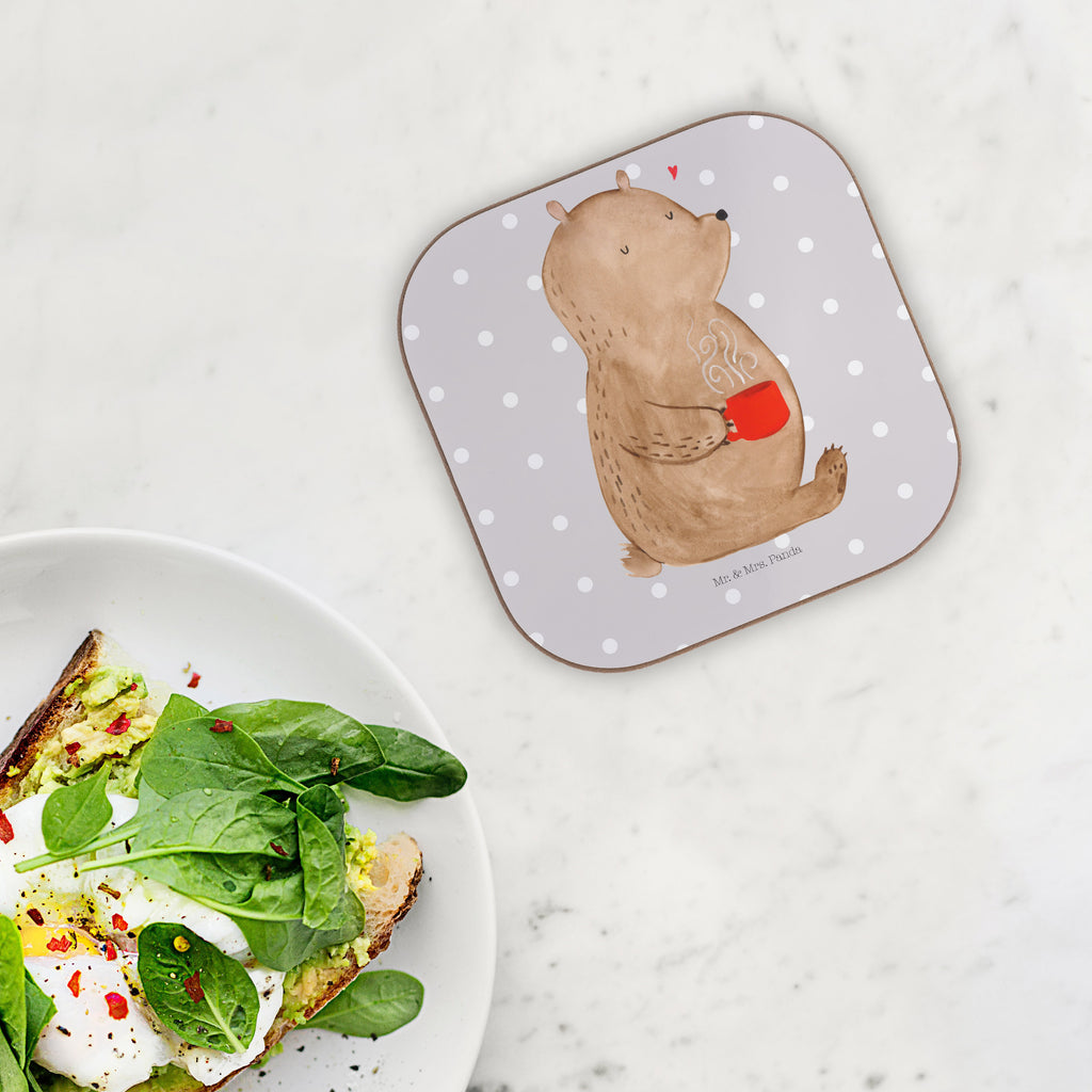 Quadratische Untersetzer Bär Kaffee Bierdeckel, Glasuntersetzer, Untersetzer Gläser, Getränkeuntersetzer, Bär, Teddy, Teddybär, Kaffee, Coffee, Bären, guten Morgen, Morgenroutine, Welt erobern, Welt retten, Motivation