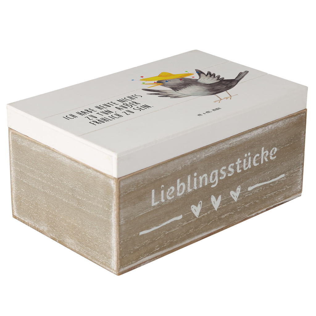 Holzkiste Rabe mit Sombrero Holzkiste, Kiste, Schatzkiste, Truhe, Schatulle, XXL, Erinnerungsbox, Erinnerungskiste, Dekokiste, Aufbewahrungsbox, Tiermotive, Gute Laune, lustige Sprüche, Tiere, Rabe, Vogel, Vögel, Spruch positiv, fröhlich sein, glücklich sein, Glück Spruch, froh, Elster, Motivation