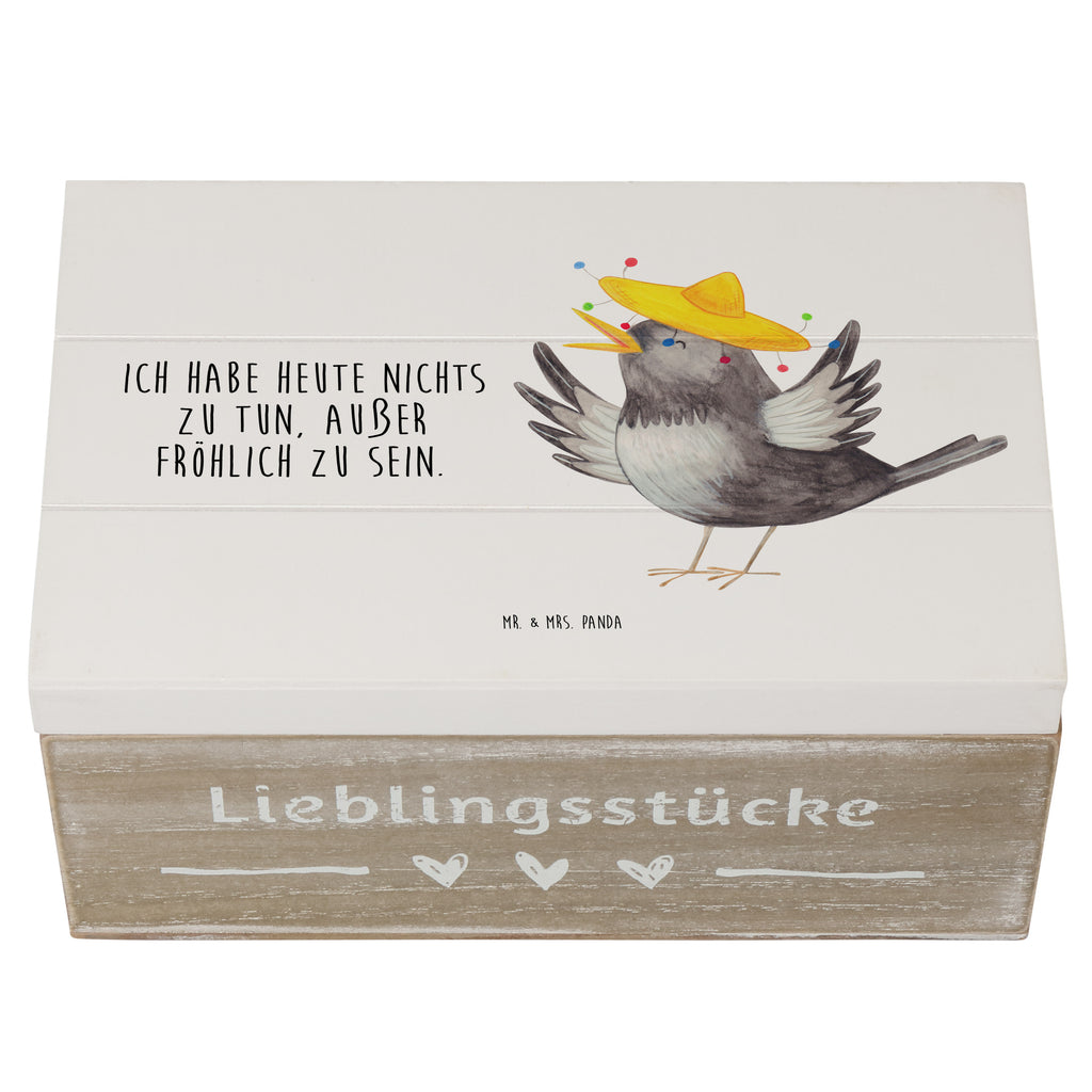 Holzkiste Rabe mit Sombrero Holzkiste, Kiste, Schatzkiste, Truhe, Schatulle, XXL, Erinnerungsbox, Erinnerungskiste, Dekokiste, Aufbewahrungsbox, Tiermotive, Gute Laune, lustige Sprüche, Tiere, Rabe, Vogel, Vögel, Spruch positiv, fröhlich sein, glücklich sein, Glück Spruch, froh, Elster, Motivation