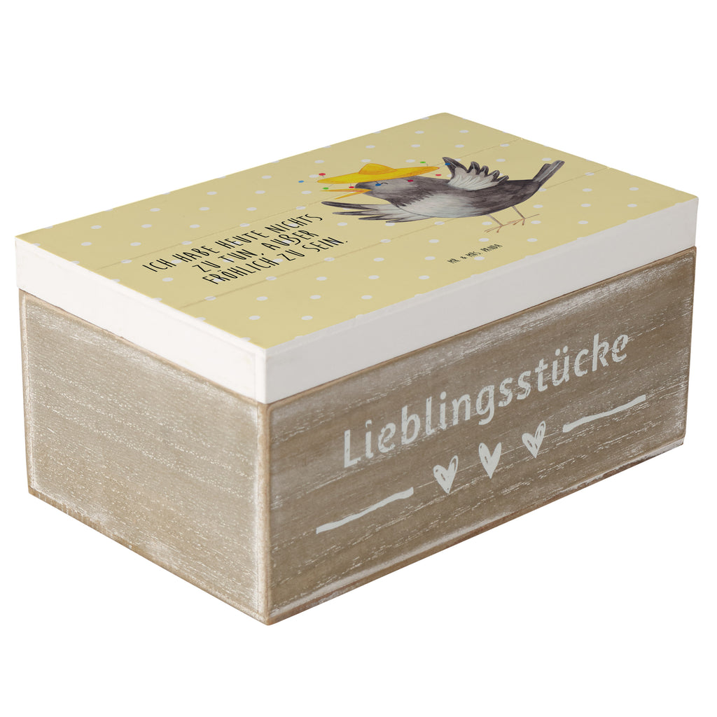 Holzkiste Rabe mit Sombrero Holzkiste, Kiste, Schatzkiste, Truhe, Schatulle, XXL, Erinnerungsbox, Erinnerungskiste, Dekokiste, Aufbewahrungsbox, Tiermotive, Gute Laune, lustige Sprüche, Tiere, Rabe, Vogel, Vögel, Spruch positiv, fröhlich sein, glücklich sein, Glück Spruch, froh, Elster, Motivation