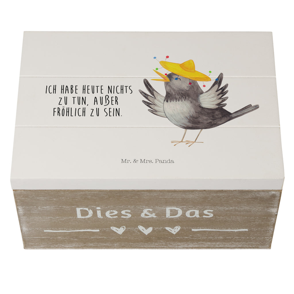 Holzkiste Rabe mit Sombrero Holzkiste, Kiste, Schatzkiste, Truhe, Schatulle, XXL, Erinnerungsbox, Erinnerungskiste, Dekokiste, Aufbewahrungsbox, Tiermotive, Gute Laune, lustige Sprüche, Tiere, Rabe, Vogel, Vögel, Spruch positiv, fröhlich sein, glücklich sein, Glück Spruch, froh, Elster, Motivation