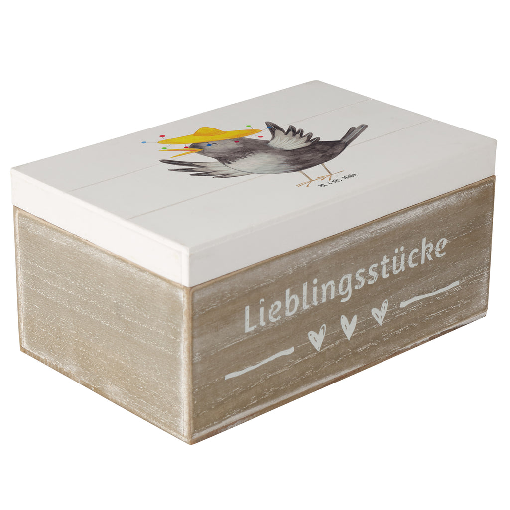 Holzkiste Rabe mit Sombrero Holzkiste, Kiste, Schatzkiste, Truhe, Schatulle, XXL, Erinnerungsbox, Erinnerungskiste, Dekokiste, Aufbewahrungsbox, Tiermotive, Gute Laune, lustige Sprüche, Tiere, Rabe, Vogel, Vögel, Spruch positiv, fröhlich sein, glücklich sein, Glück Spruch, froh, Elster, Motivation
