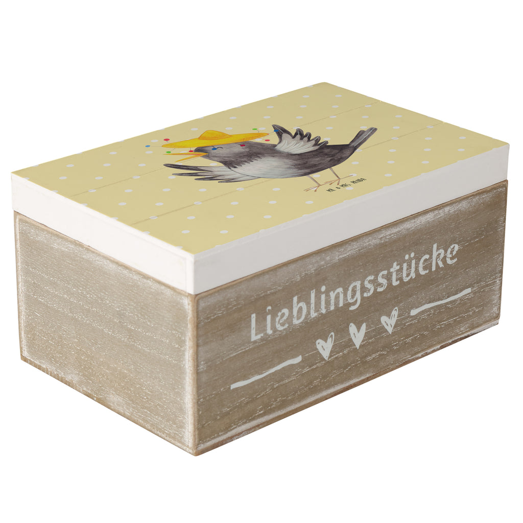 Holzkiste Rabe mit Sombrero Holzkiste, Kiste, Schatzkiste, Truhe, Schatulle, XXL, Erinnerungsbox, Erinnerungskiste, Dekokiste, Aufbewahrungsbox, Tiermotive, Gute Laune, lustige Sprüche, Tiere, Rabe, Vogel, Vögel, Spruch positiv, fröhlich sein, glücklich sein, Glück Spruch, froh, Elster, Motivation