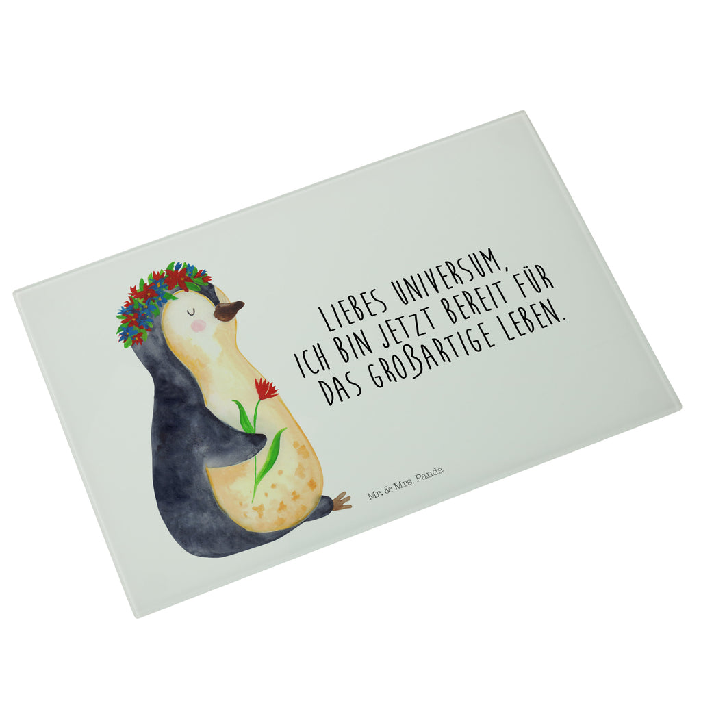 Medium Glas Schneidbrett Pinguin Blumenkranz Glasschneidebrett, Schneidebrett, Pinguin, Pinguine, Blumenkranz, Universum, Leben, Wünsche, Ziele, Lebensziele, Motivation, Lebenslust, Liebeskummer, Geschenkidee