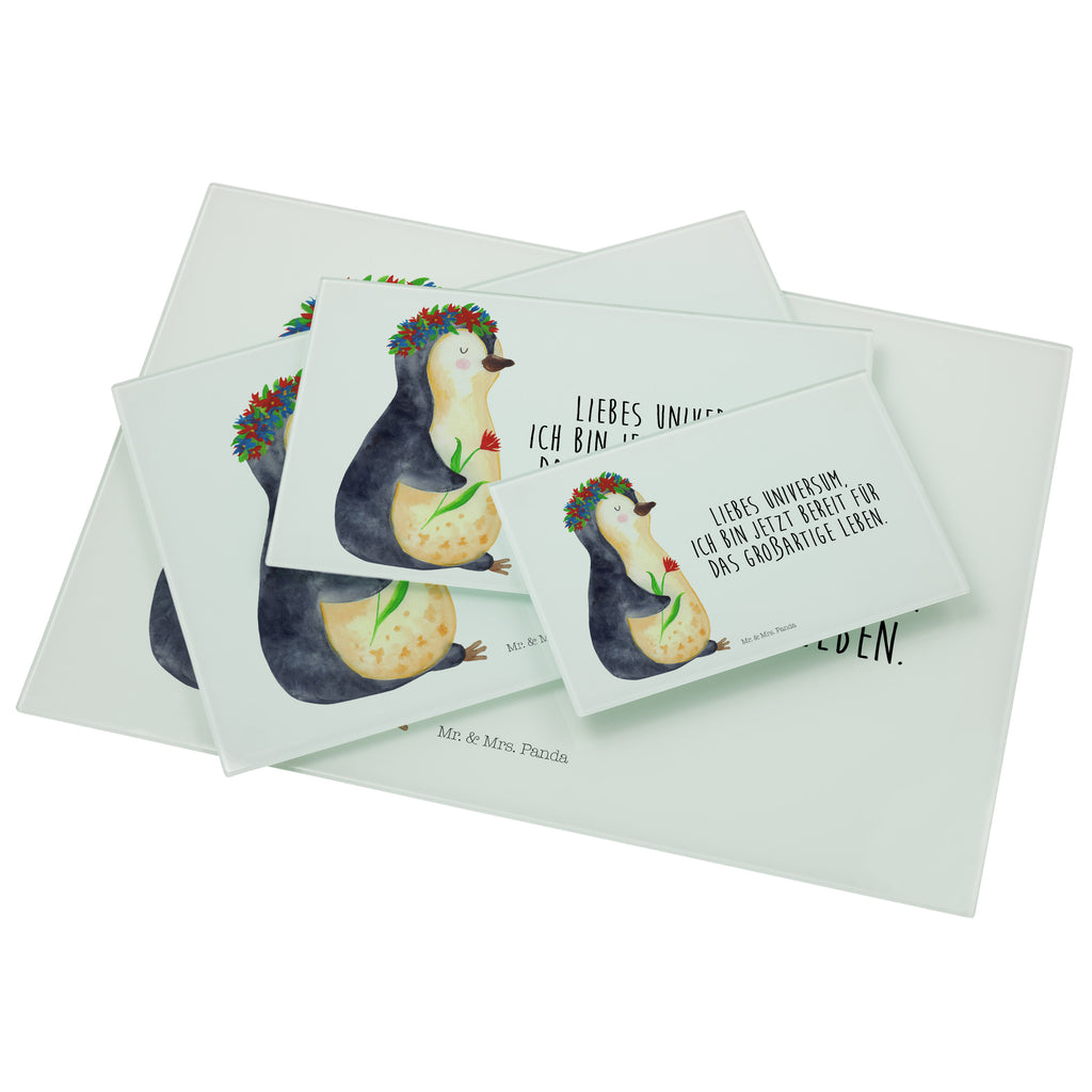 Medium Glas Schneidbrett Pinguin Blumenkranz Glasschneidebrett, Schneidebrett, Pinguin, Pinguine, Blumenkranz, Universum, Leben, Wünsche, Ziele, Lebensziele, Motivation, Lebenslust, Liebeskummer, Geschenkidee