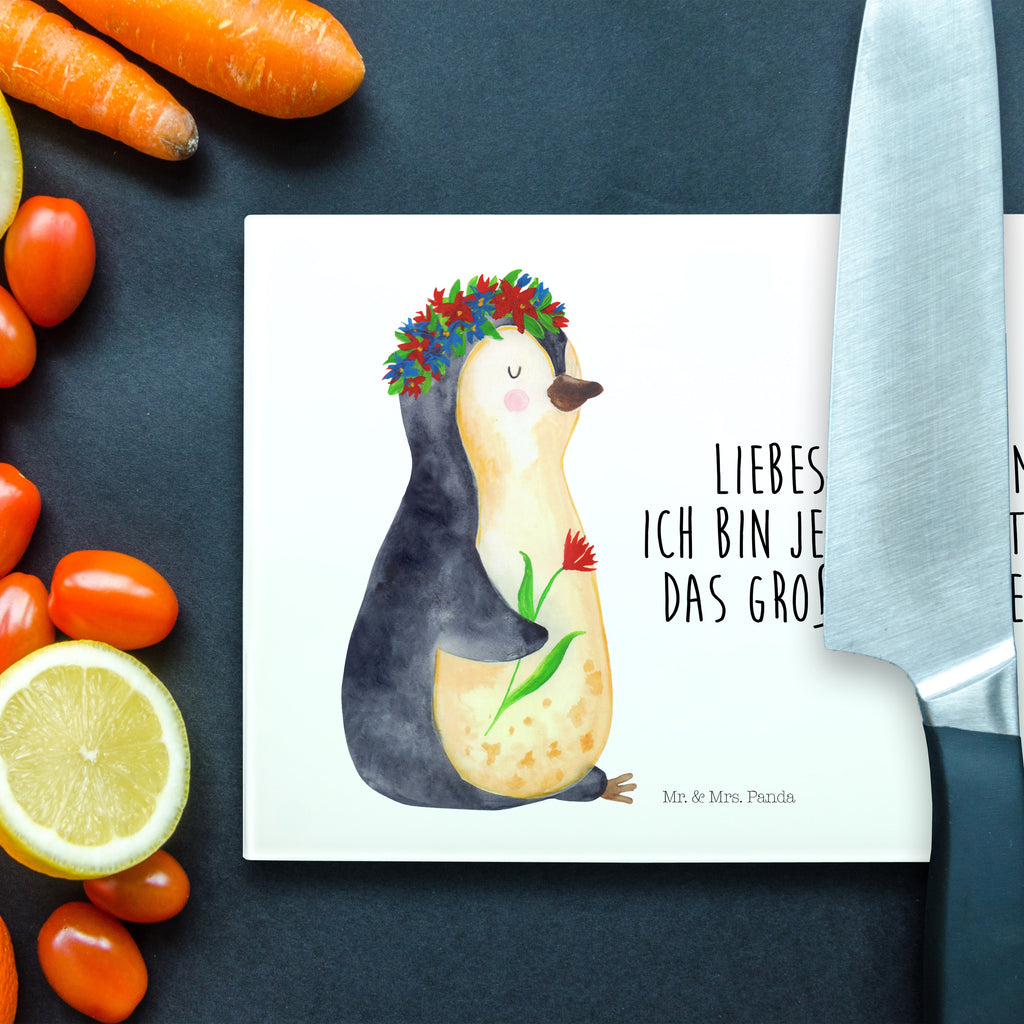 Medium Glas Schneidbrett Pinguin Blumenkranz Glasschneidebrett, Schneidebrett, Pinguin, Pinguine, Blumenkranz, Universum, Leben, Wünsche, Ziele, Lebensziele, Motivation, Lebenslust, Liebeskummer, Geschenkidee