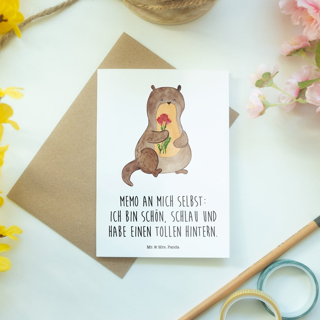 Grußkarte Otter Blumenstrauß Klappkarte, Einladungskarte, Glückwunschkarte, Hochzeitskarte, Geburtstagskarte, Karte, Otter, Fischotter, Seeotter, Otter Seeotter See Otter