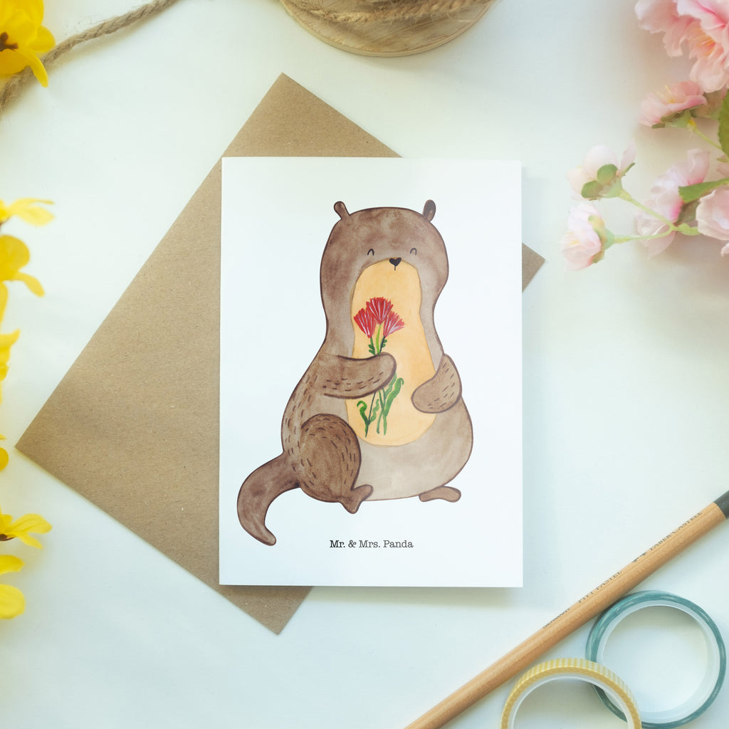 Grußkarte Otter Blumenstrauß Klappkarte, Einladungskarte, Glückwunschkarte, Hochzeitskarte, Geburtstagskarte, Karte, Otter, Fischotter, Seeotter, Otter Seeotter See Otter