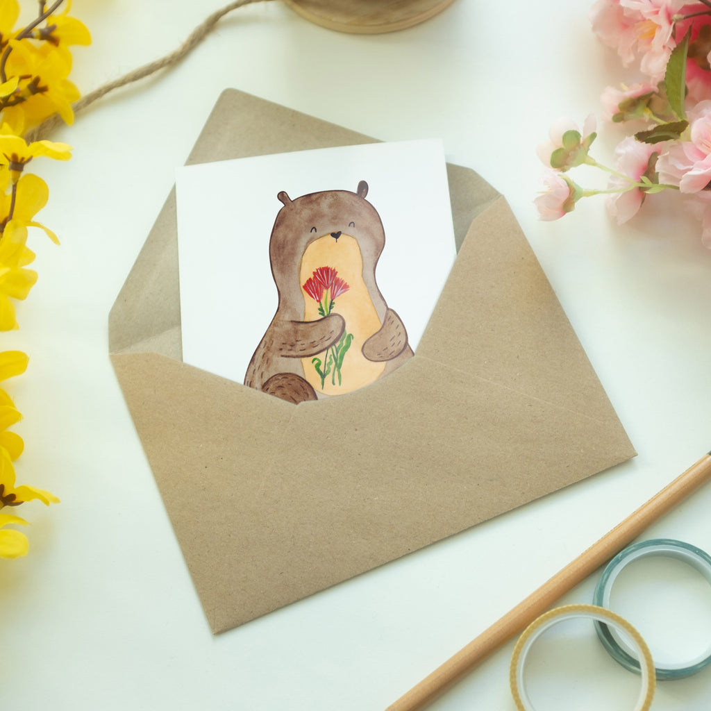 Grußkarte Otter Blumenstrauß Klappkarte, Einladungskarte, Glückwunschkarte, Hochzeitskarte, Geburtstagskarte, Karte, Otter, Fischotter, Seeotter, Otter Seeotter See Otter