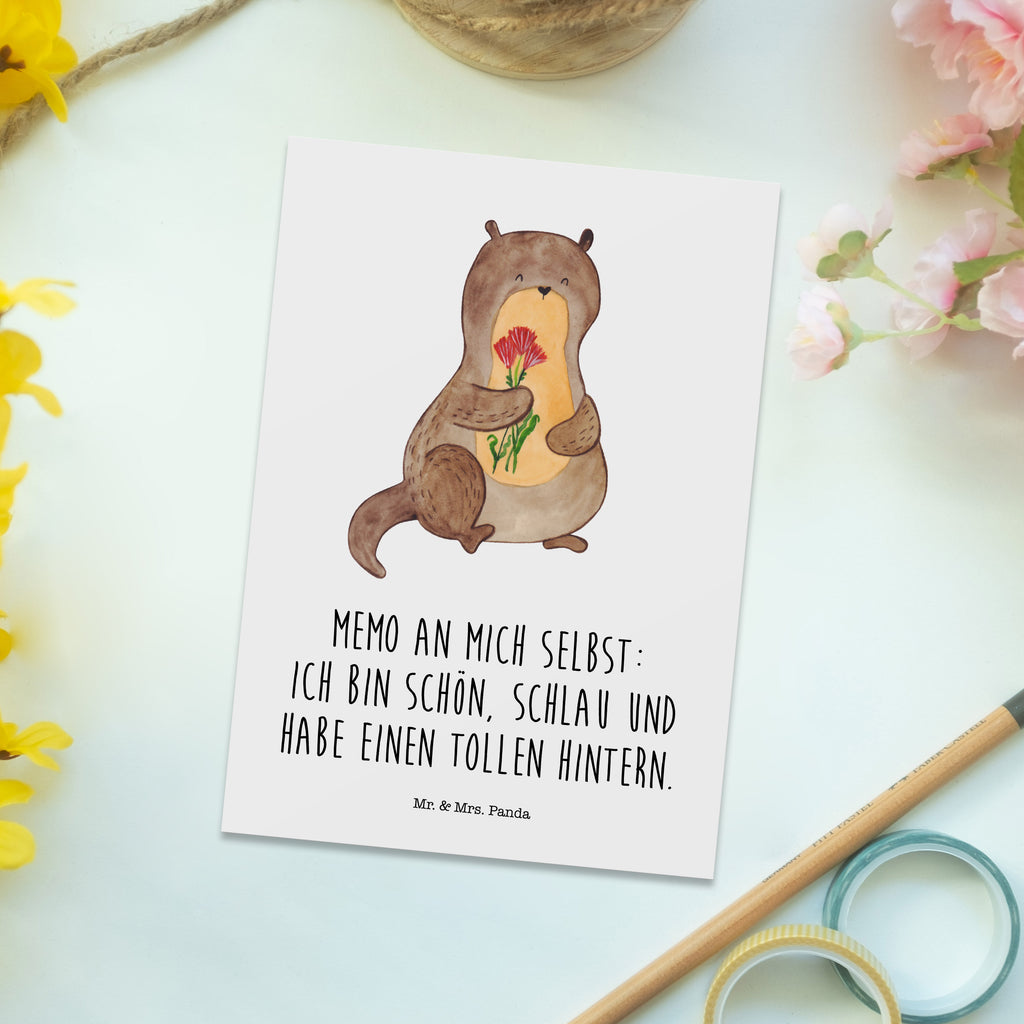 Postkarte Otter Blumenstrauß Geschenkkarte, Grußkarte, Karte, Einladung, Ansichtskarte, Geburtstagskarte, Einladungskarte, Otter, Fischotter, Seeotter, Otter Seeotter See Otter