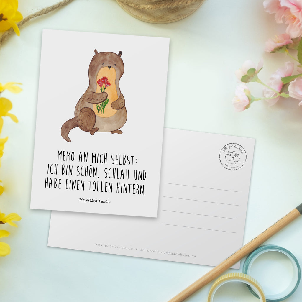 Postkarte Otter Blumenstrauß Geschenkkarte, Grußkarte, Karte, Einladung, Ansichtskarte, Geburtstagskarte, Einladungskarte, Otter, Fischotter, Seeotter, Otter Seeotter See Otter