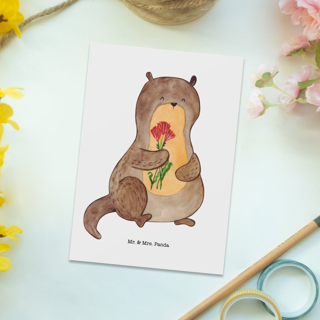 Postkarte Otter Blumenstrauß Geschenkkarte, Grußkarte, Karte, Einladung, Ansichtskarte, Geburtstagskarte, Einladungskarte, Otter, Fischotter, Seeotter, Otter Seeotter See Otter
