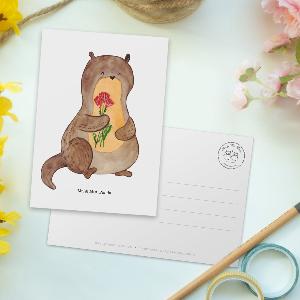 Postkarte Otter Blumenstrauß Geschenkkarte, Grußkarte, Karte, Einladung, Ansichtskarte, Geburtstagskarte, Einladungskarte, Otter, Fischotter, Seeotter, Otter Seeotter See Otter
