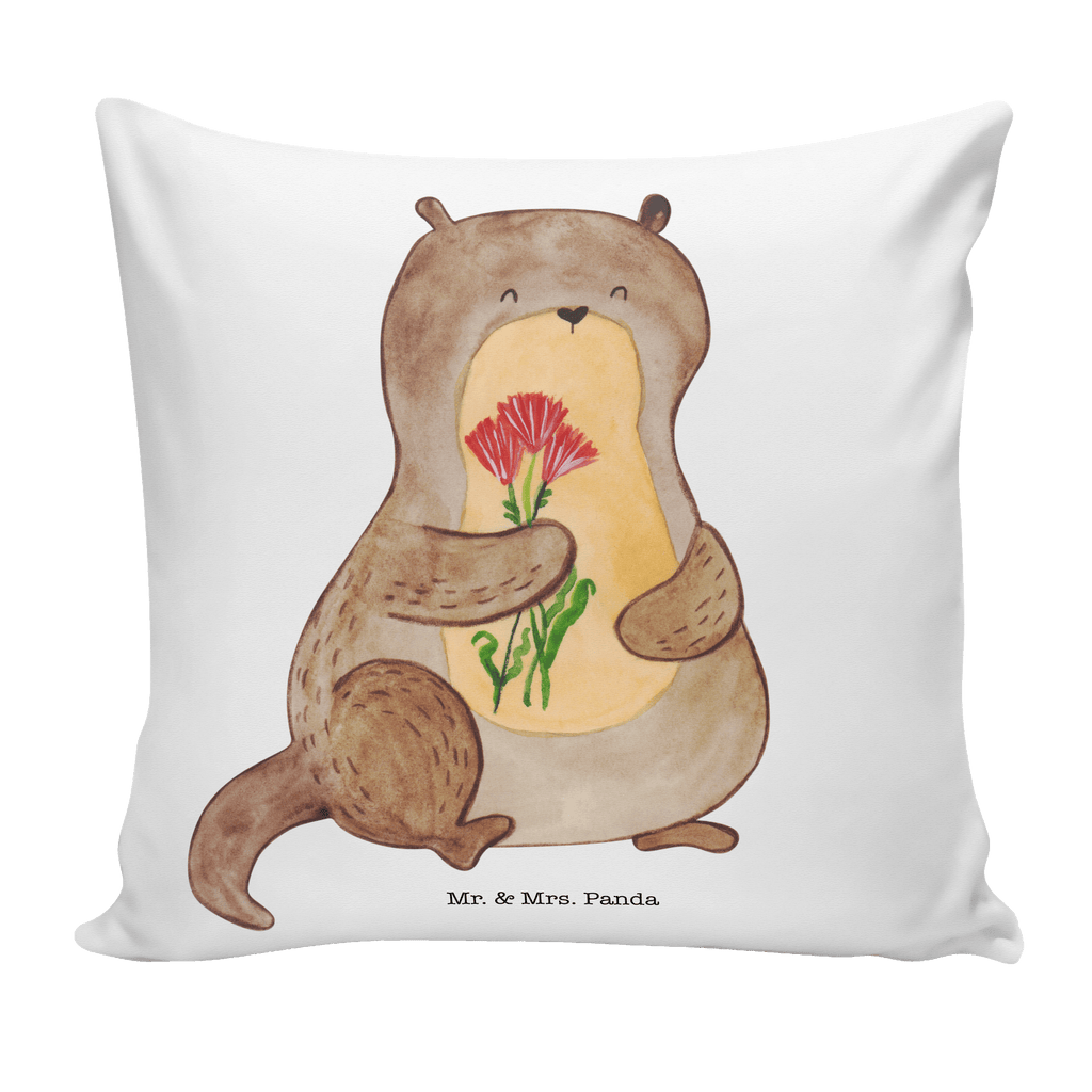 40x40 Kissen Otter Blumenstrauß Kissenhülle, Kopfkissen, Sofakissen, Dekokissen, Motivkissen, Otter, Fischotter, Seeotter, Otter Seeotter See Otter