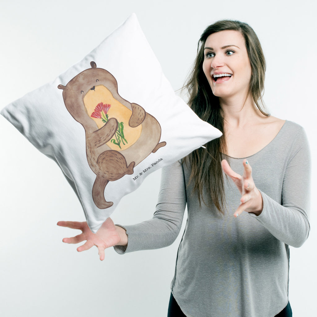 40x40 Kissen Otter Blumenstrauß Kissenhülle, Kopfkissen, Sofakissen, Dekokissen, Motivkissen, Otter, Fischotter, Seeotter, Otter Seeotter See Otter