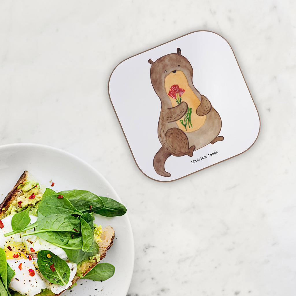 Quadratische Untersetzer Otter Blumenstrauß Bierdeckel, Glasuntersetzer, Untersetzer Gläser, Getränkeuntersetzer, Otter, Fischotter, Seeotter, Otter Seeotter See Otter