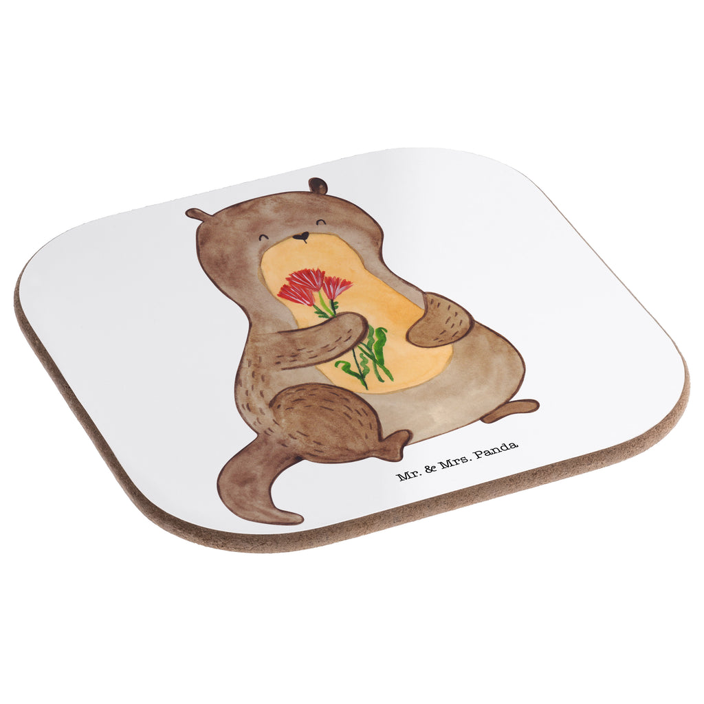 Quadratische Untersetzer Otter Blumenstrauß Bierdeckel, Glasuntersetzer, Untersetzer Gläser, Getränkeuntersetzer, Otter, Fischotter, Seeotter, Otter Seeotter See Otter