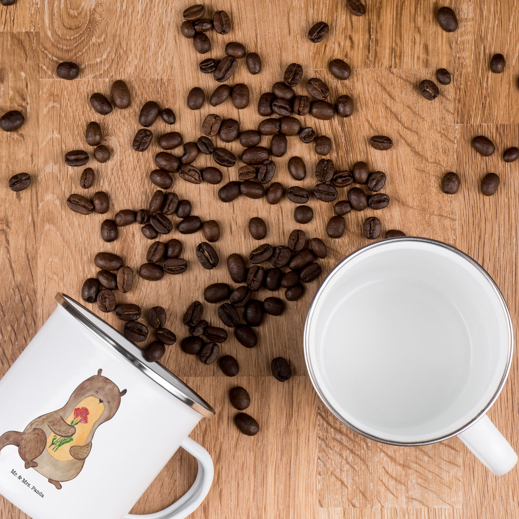 Camping Emaille Tasse Otter Blumenstrauß Campingtasse, Trinkbecher, Metalltasse, Outdoor Tasse, Emaille Trinkbecher, Blechtasse Outdoor, Emaille Campingbecher, Edelstahl Trinkbecher, Metalltasse für Camping, Kaffee Blechtasse, Camping Tasse Metall, Otter, Fischotter, Seeotter, Otter Seeotter See Otter