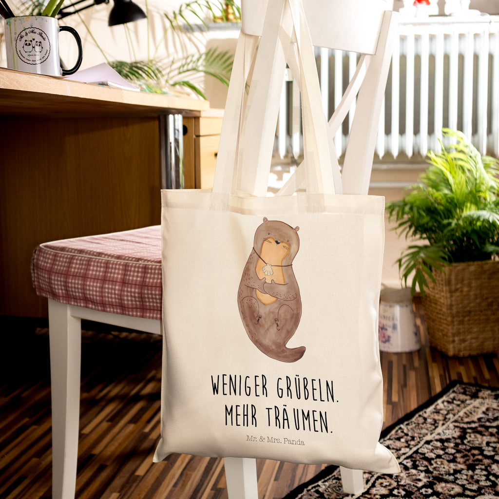 Tragetasche Otter mit Muschelmedaillon Beuteltasche, Beutel, Einkaufstasche, Jutebeutel, Stoffbeutel, Otter, Fischotter, Seeotter, Otterliebe, grübeln, träumen, Motivation, Tagträumen, Büro