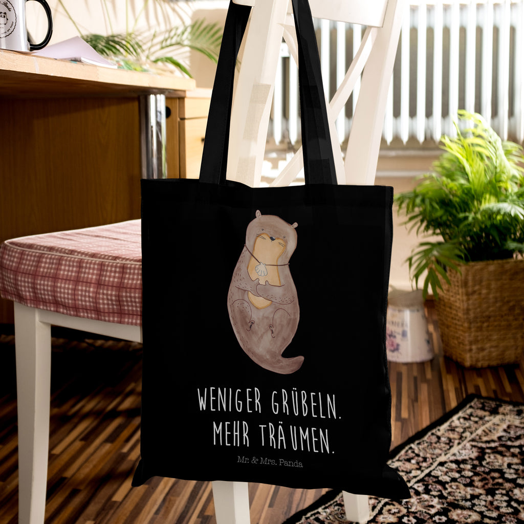 Tragetasche Otter mit Muschelmedaillon Beuteltasche, Beutel, Einkaufstasche, Jutebeutel, Stoffbeutel, Otter, Fischotter, Seeotter, Otterliebe, grübeln, träumen, Motivation, Tagträumen, Büro