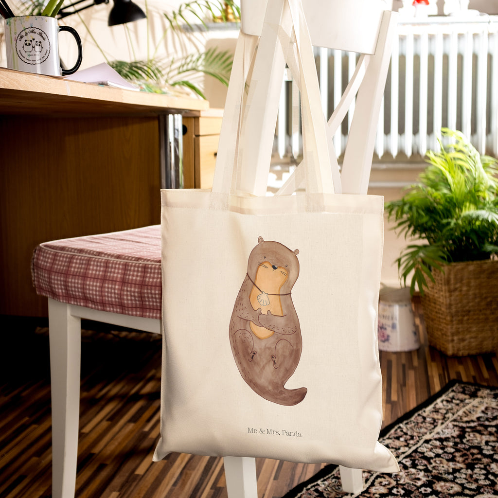 Tragetasche Otter mit Muschelmedaillon Beuteltasche, Beutel, Einkaufstasche, Jutebeutel, Stoffbeutel, Otter, Fischotter, Seeotter, Otterliebe, grübeln, träumen, Motivation, Tagträumen, Büro