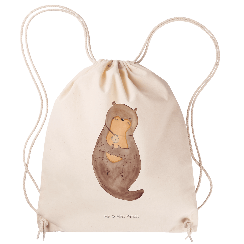 Sportbeutel Otter mit Muschelmedaillon Turnbeutel, Beutel, Sporttasche, Tasche, Stoffbeutel, Otter, Fischotter, Seeotter, Otterliebe, grübeln, träumen, Motivation, Tagträumen, Büro