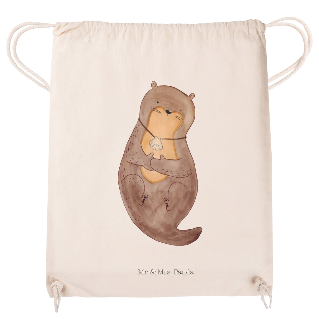 Sportbeutel Otter mit Muschelmedaillon Turnbeutel, Beutel, Sporttasche, Tasche, Stoffbeutel, Otter, Fischotter, Seeotter, Otterliebe, grübeln, träumen, Motivation, Tagträumen, Büro