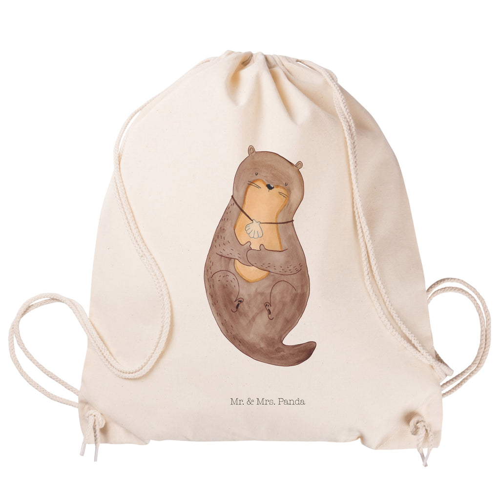 Sportbeutel Otter mit Muschelmedaillon Turnbeutel, Beutel, Sporttasche, Tasche, Stoffbeutel, Otter, Fischotter, Seeotter, Otterliebe, grübeln, träumen, Motivation, Tagträumen, Büro