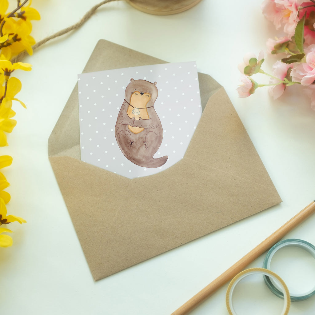 Grußkarte Otter mit Muschelmedaillon Klappkarte, Einladungskarte, Glückwunschkarte, Hochzeitskarte, Geburtstagskarte, Karte, Otter, Fischotter, Seeotter, Otterliebe, grübeln, träumen, Motivation, Tagträumen, Büro
