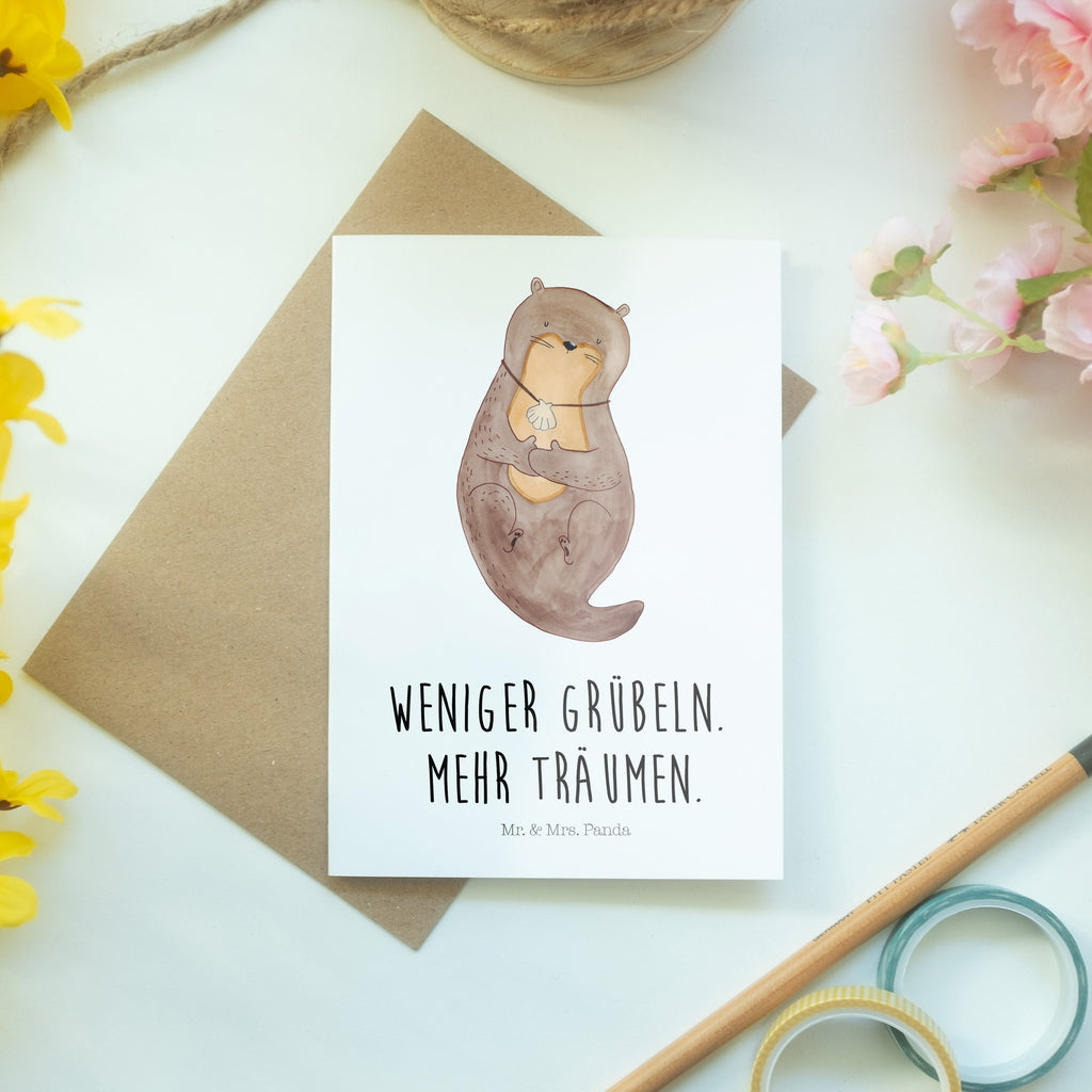 Grußkarte Otter mit Muschelmedaillon Klappkarte, Einladungskarte, Glückwunschkarte, Hochzeitskarte, Geburtstagskarte, Karte, Otter, Fischotter, Seeotter, Otterliebe, grübeln, träumen, Motivation, Tagträumen, Büro