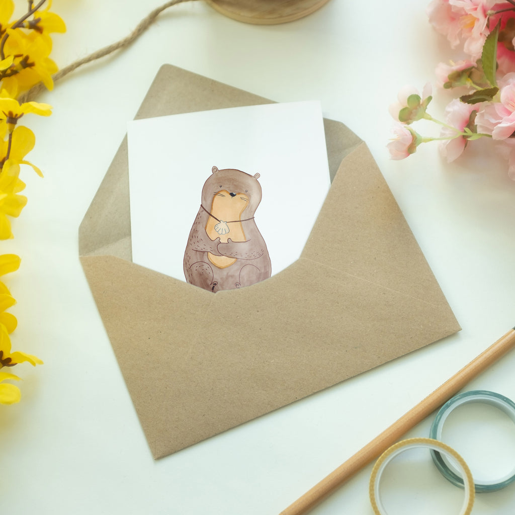 Grußkarte Otter mit Muschelmedaillon Klappkarte, Einladungskarte, Glückwunschkarte, Hochzeitskarte, Geburtstagskarte, Karte, Otter, Fischotter, Seeotter, Otterliebe, grübeln, träumen, Motivation, Tagträumen, Büro