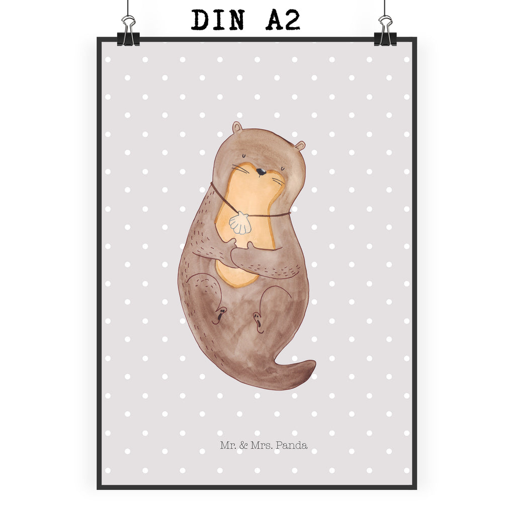 Poster Otter mit Muschelmedaillon Poster, Wandposter, Bild, Wanddeko, Küchenposter, Kinderposter, Wanddeko Bild, Raumdekoration, Wanddekoration, Handgemaltes Poster, Mr. & Mrs. Panda Poster, Designposter, Kunstdruck, Posterdruck, Otter, Fischotter, Seeotter, Otterliebe, grübeln, träumen, Motivation, Tagträumen, Büro
